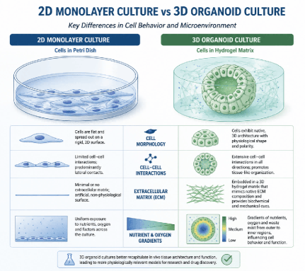 2D vs 3D cell culture comparison.