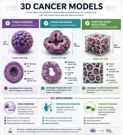 Types of 3D cancer models including spheroids and organoids.